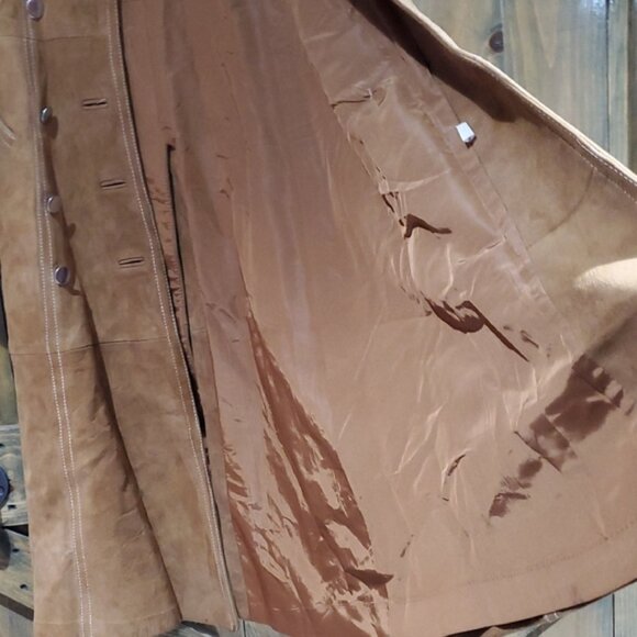 Vintage Tan Caramel Suede Leather Lined Trench Coat 70s 80s Dan Di Modes W Belt - Picture 9 of 16